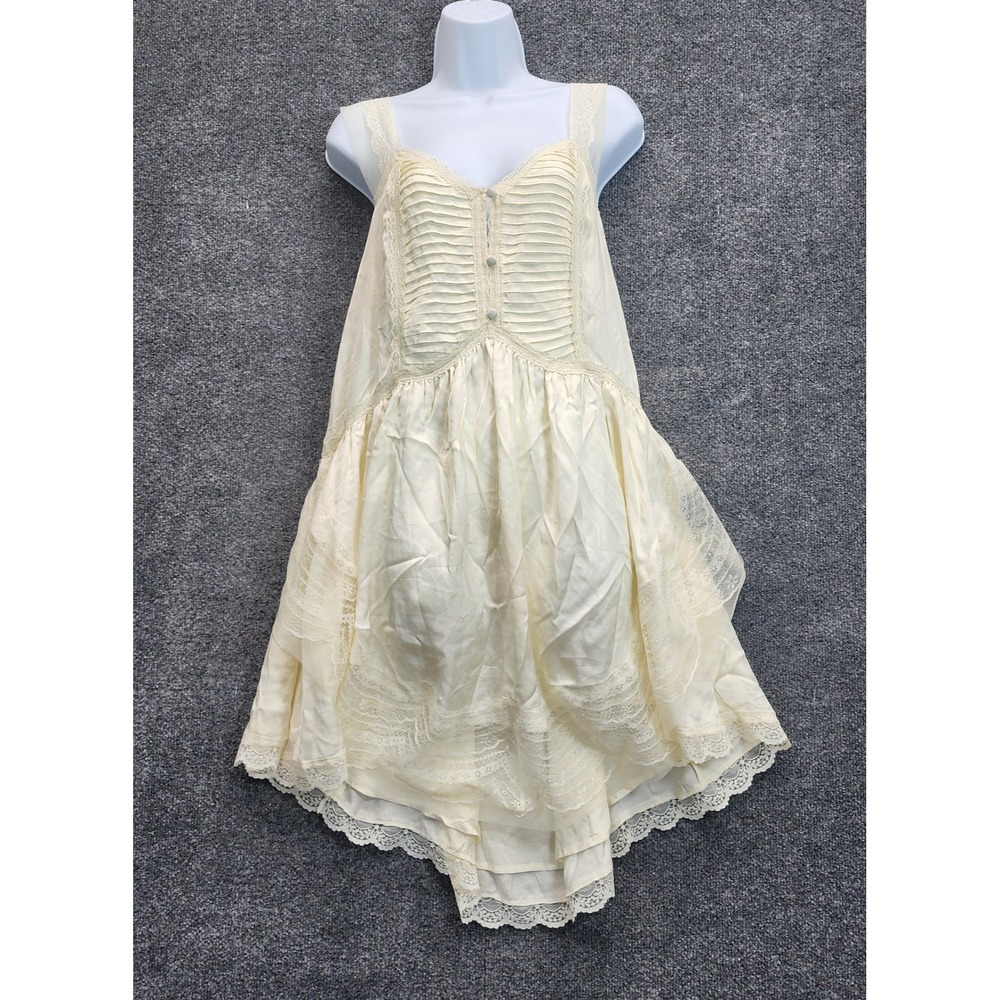 NWT Anthropologie Boho Romantic Lace Trim Pintuck Babydoll Mini Dress Womens L